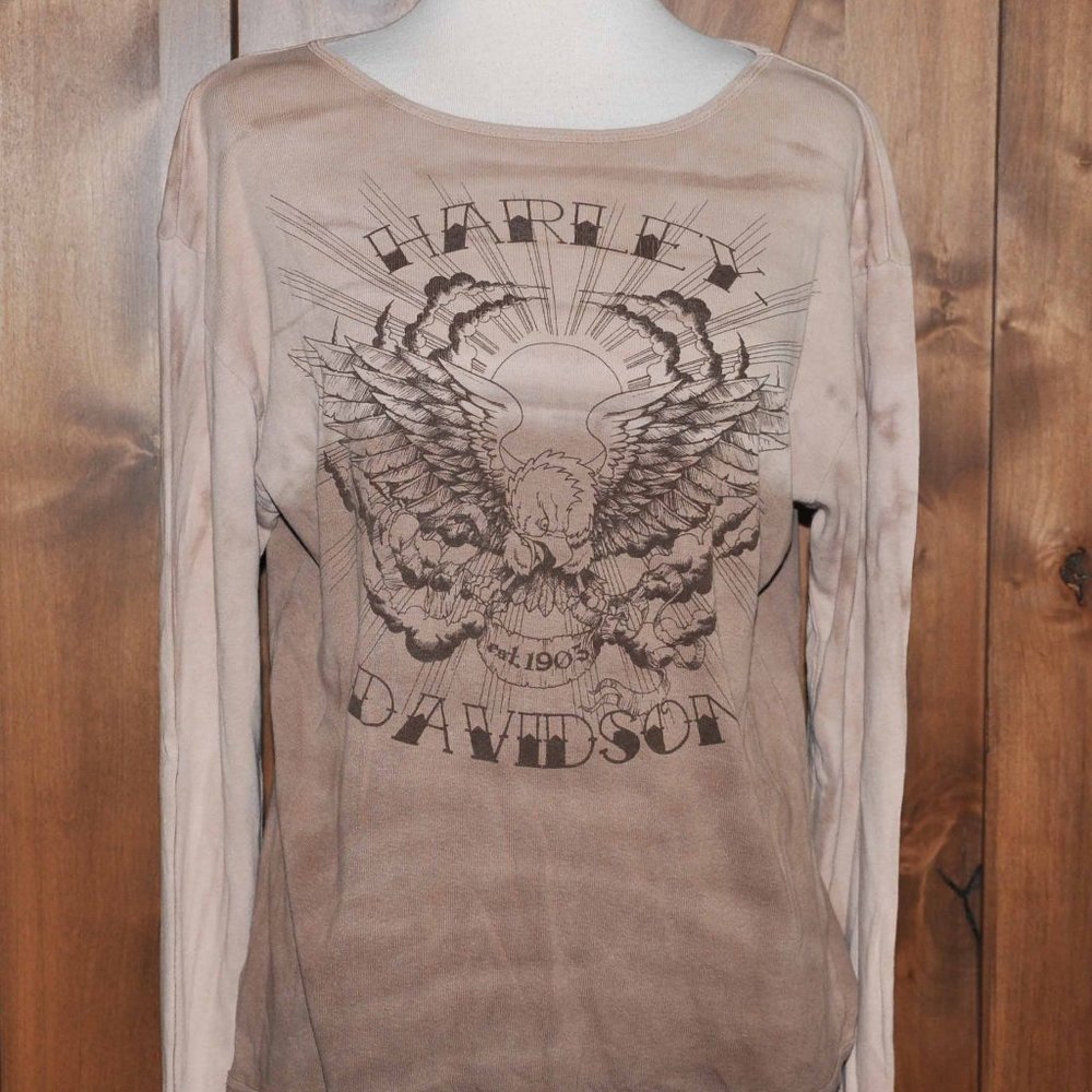 Vintage Tan Harley Davidson T-Shirt With Huge Brown Eagle & Print On Front